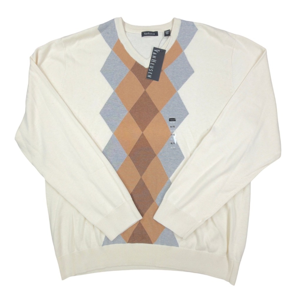 Van Heusen Argyle V-Neck Sweater Mens XL Cream Brown Grey Cotton NWT